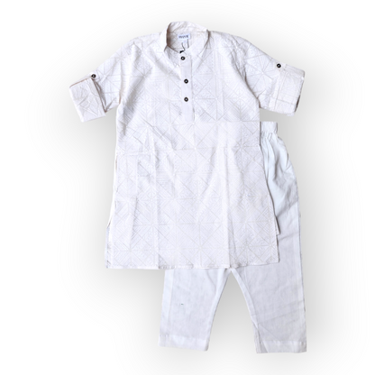 Boys White Self Print Kurta Set