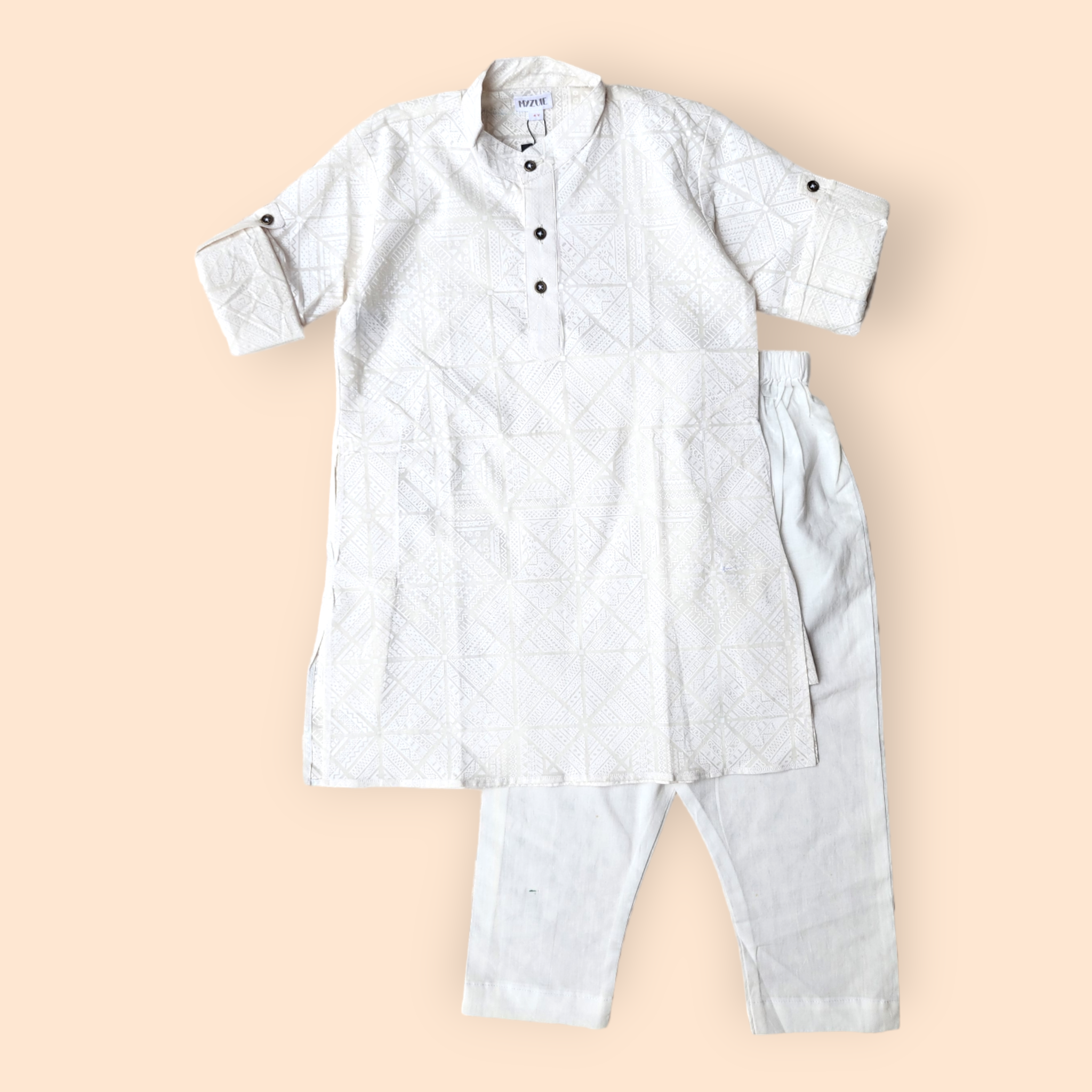 Boys White Self Print Kurta Set