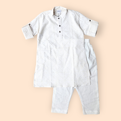 Boys White Self Print Kurta Set