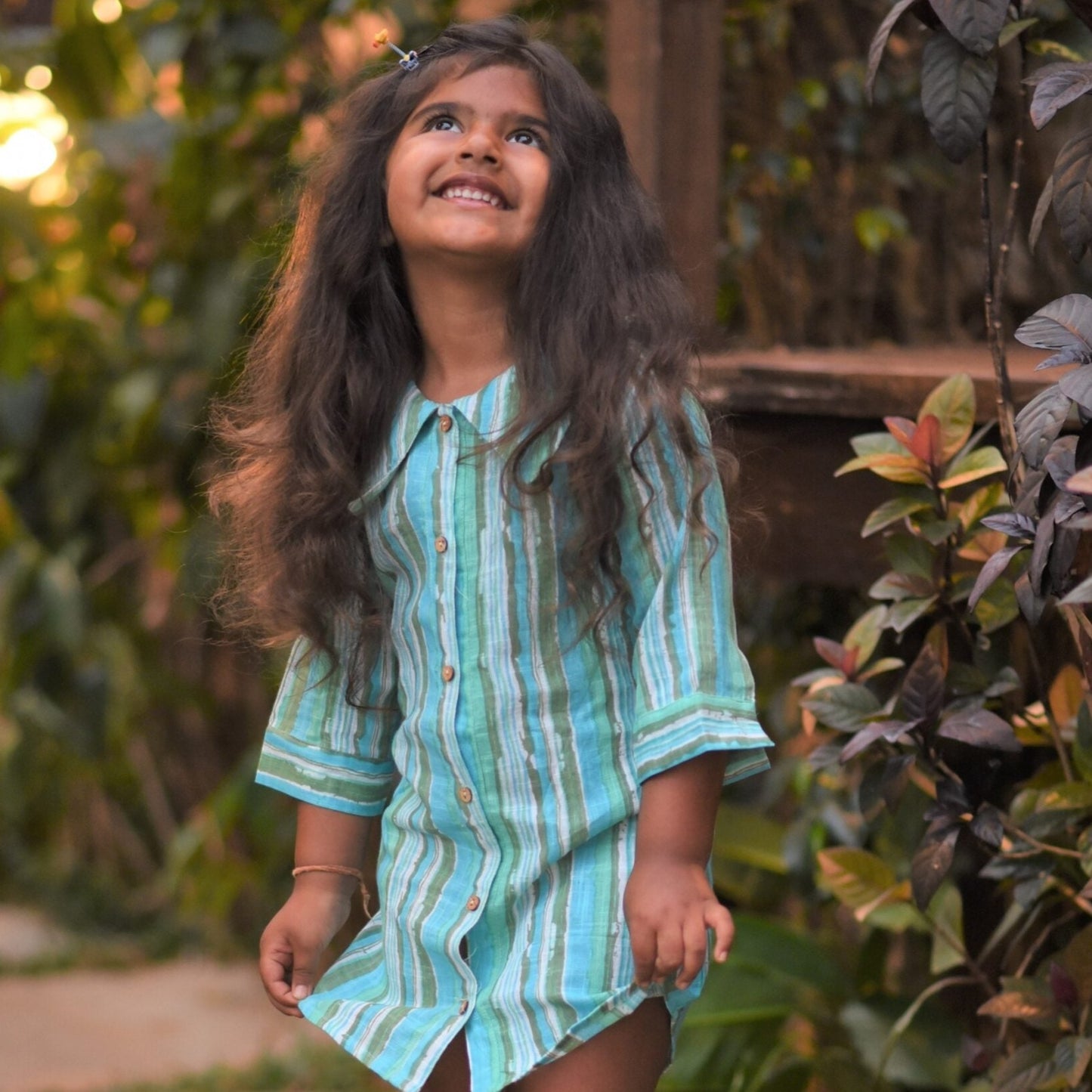 Girls Aqua Long Collar Shirt Dress