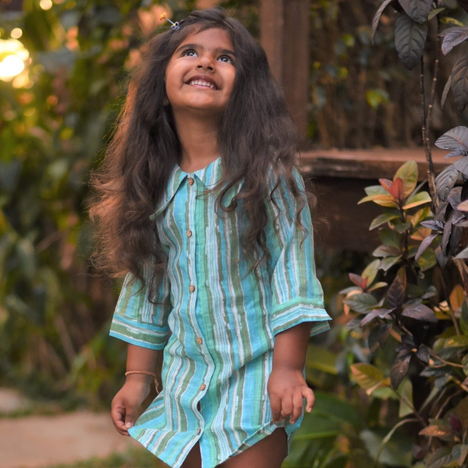 Girls Aqua Long Collar Shirt Dress