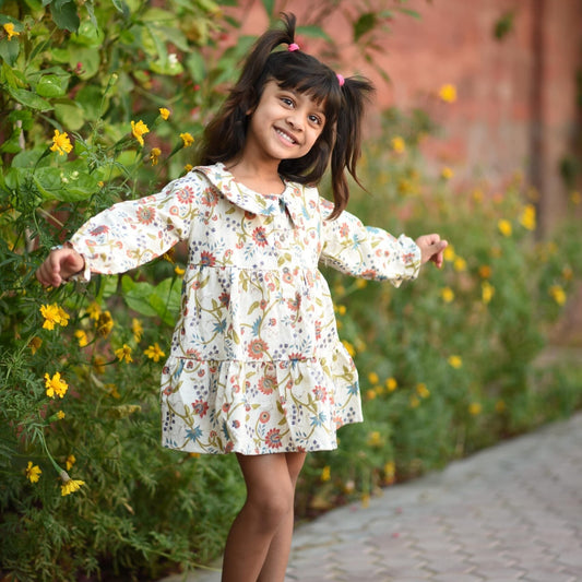 Girls Beige Two Tiered Blossom Dress