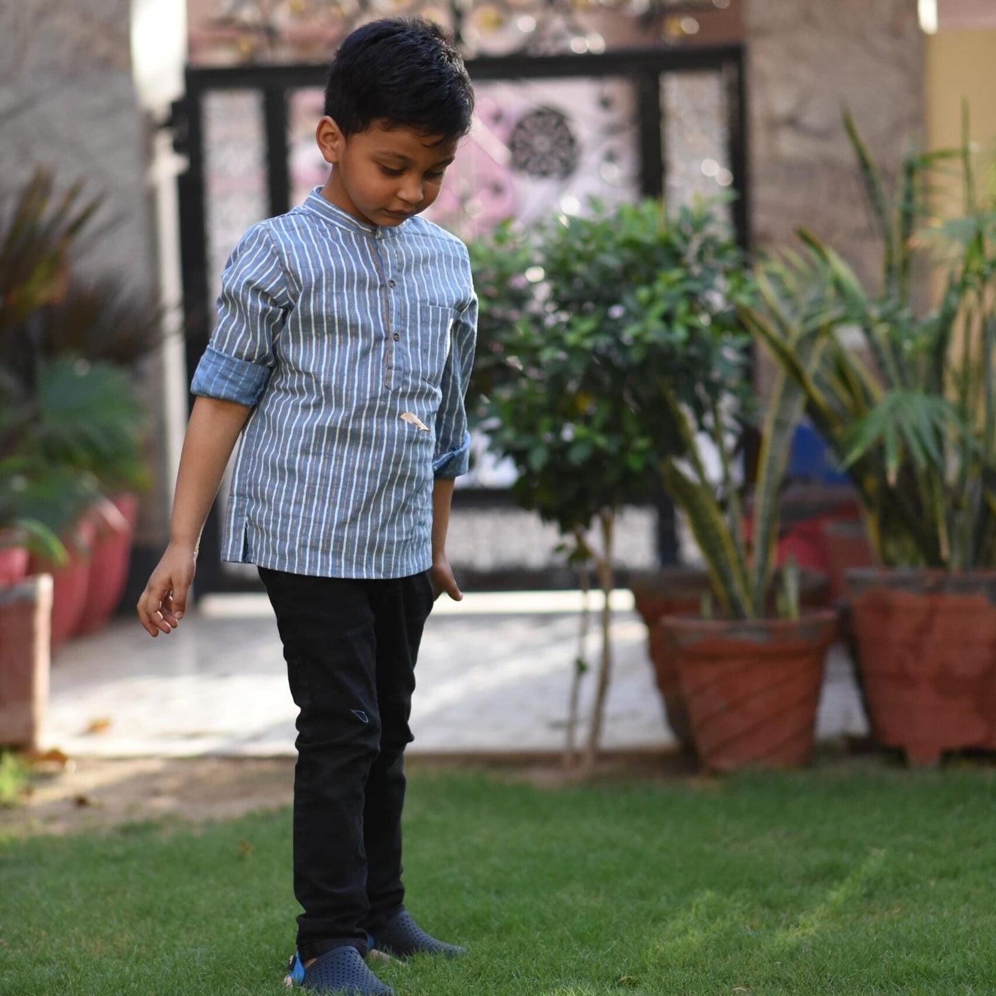 Boys Blue Gold Striped Short Kurta