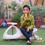 Boys Earthy Green Double Button Full Sleeves Mandarin Collar Shirt