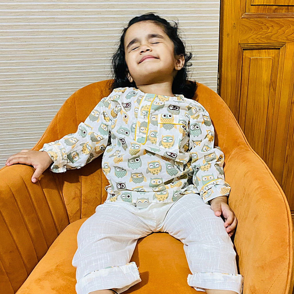 Kids Green Beige Owl Unisex Night Set