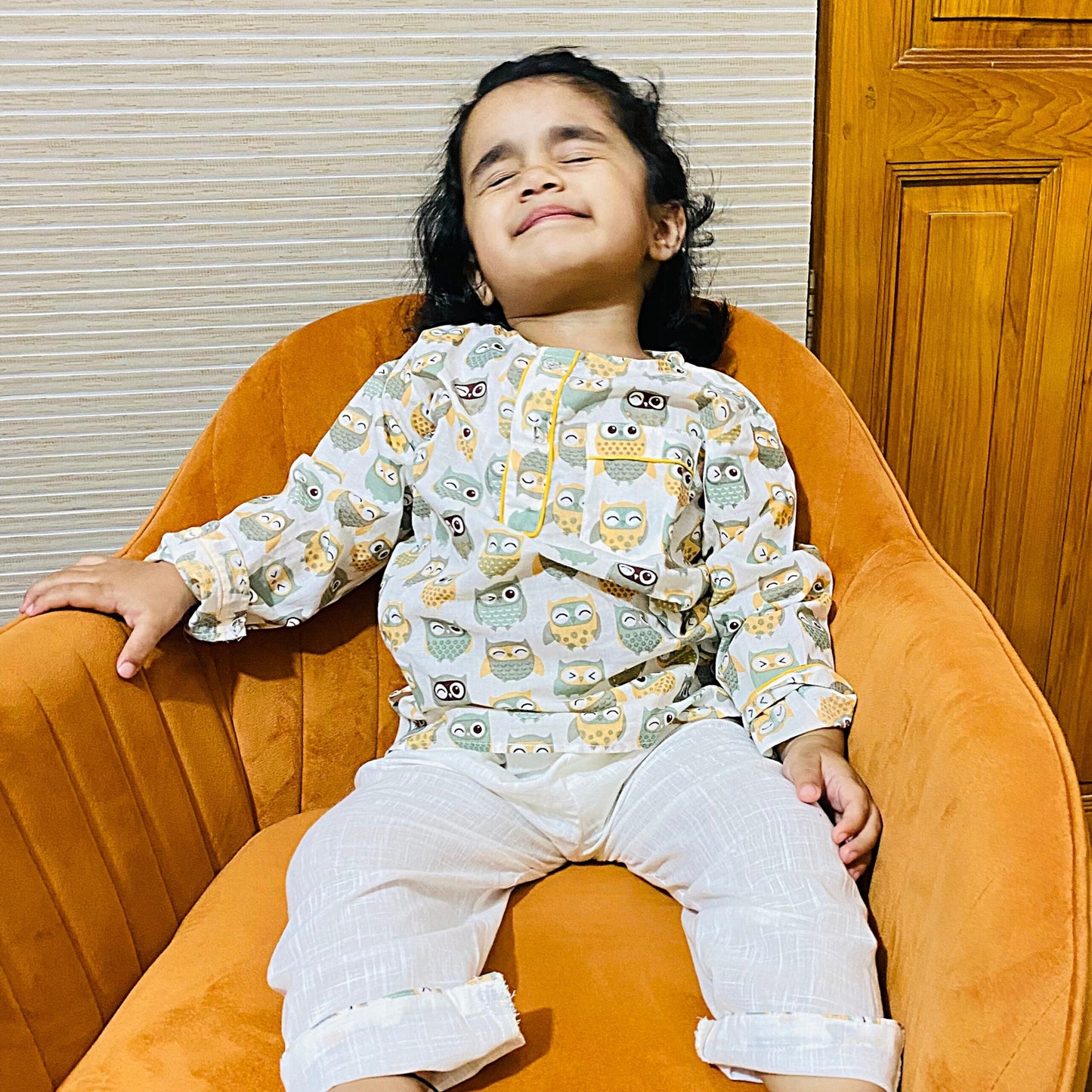 Kids Green Beige Owl Unisex Night Set