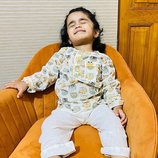 Kids Green Beige Owl Unisex Night Set