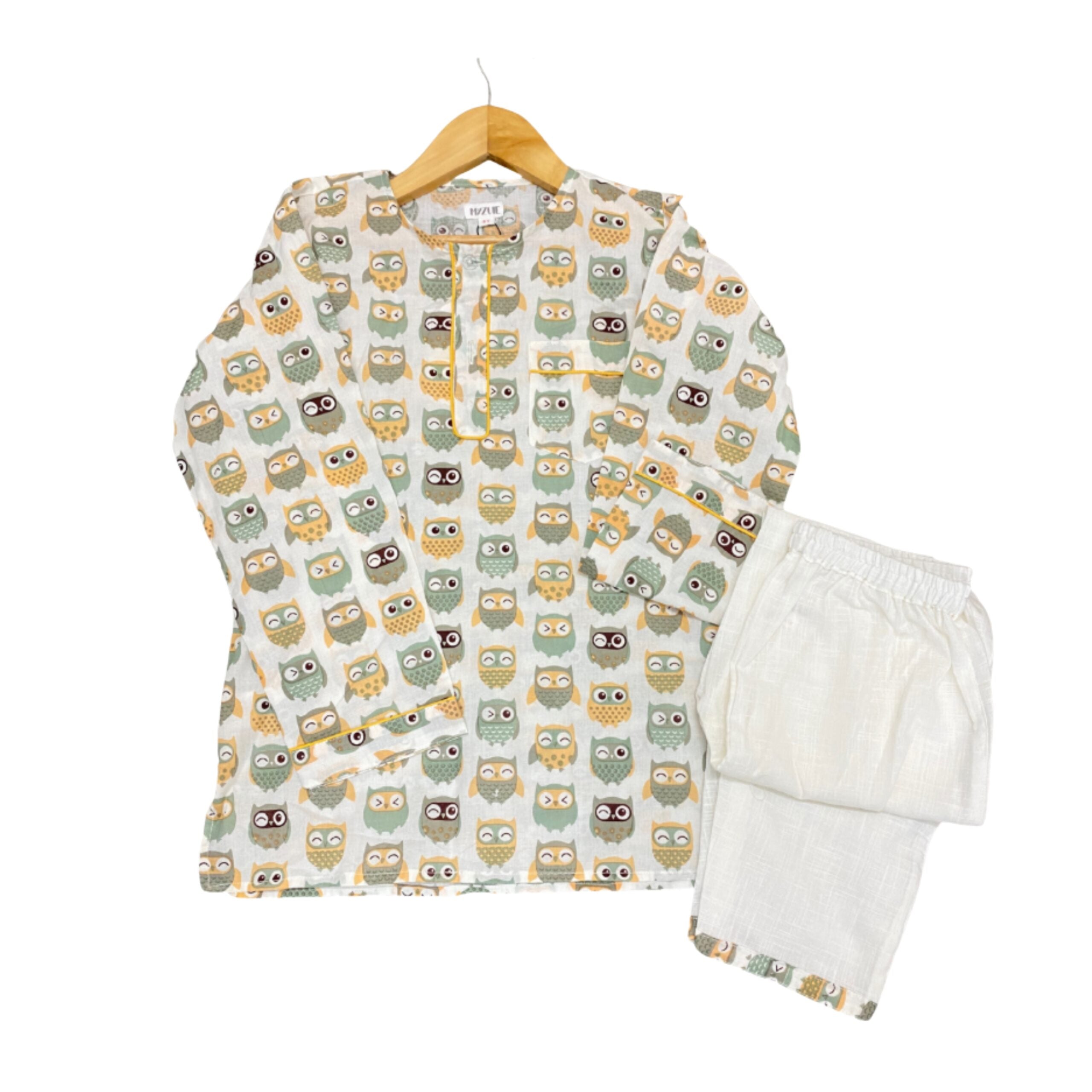 Kids Green Beige Owl Unisex Night Set
