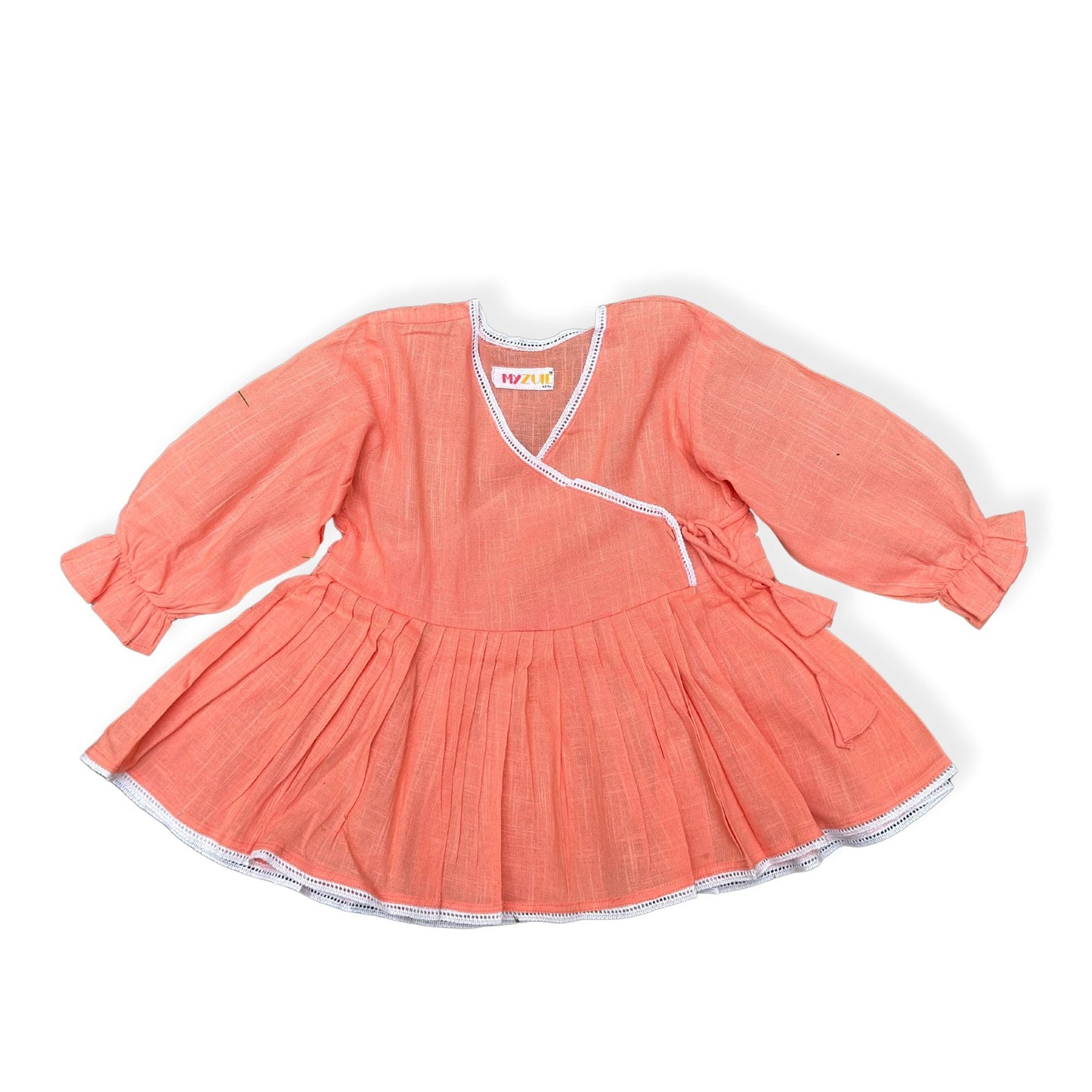 Girls Peach Slub Angrakha Top