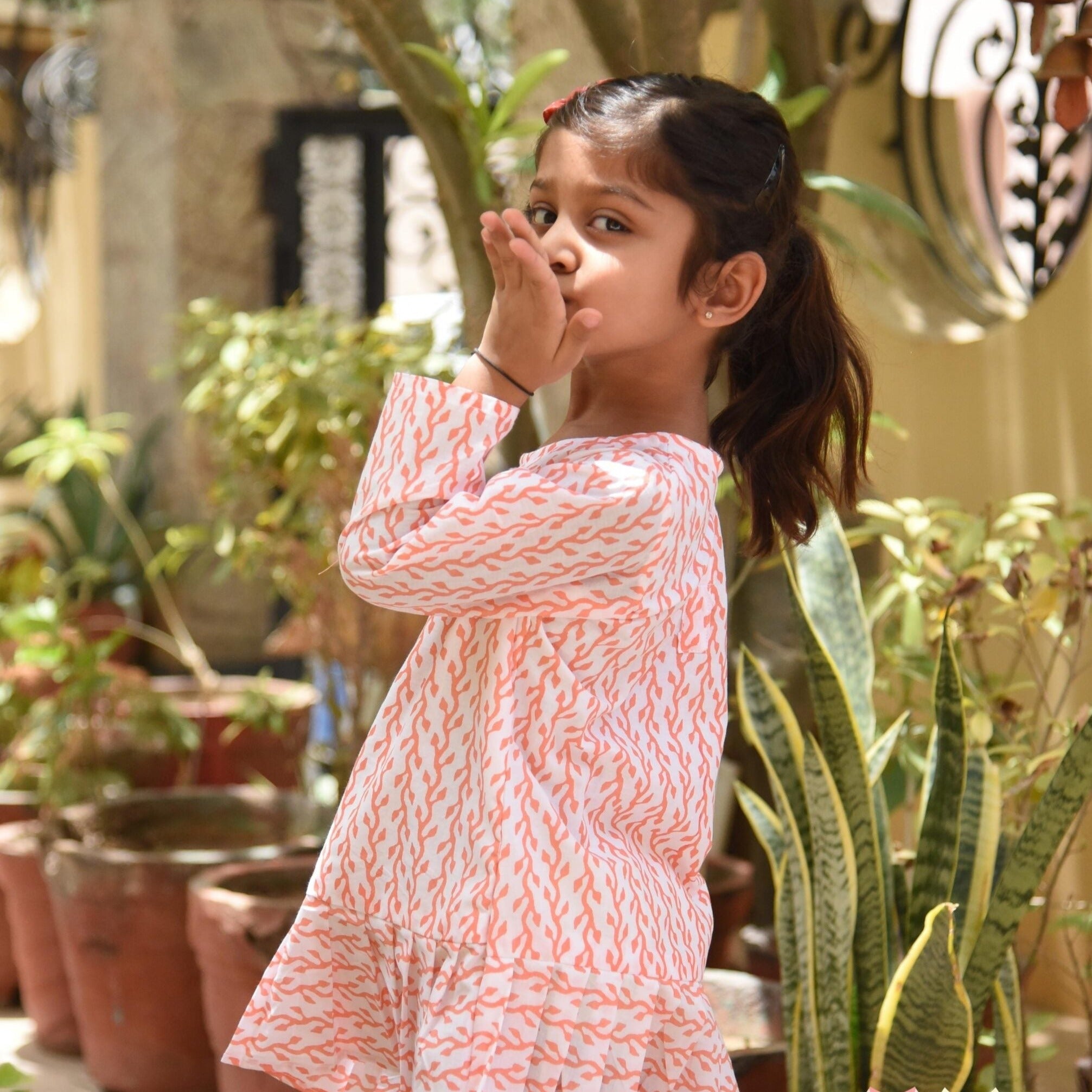 Girls Peach Creeper Full Sleeves Knife Pleated Dress