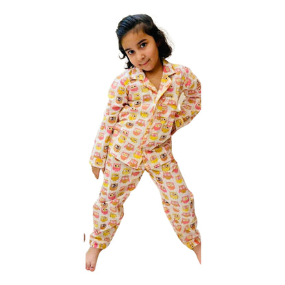 Kids Pink Yellow Owl Night Suit