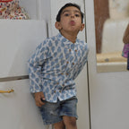 Boys White Motif Full Sleeves Mandarin Collar Double Button Shirt