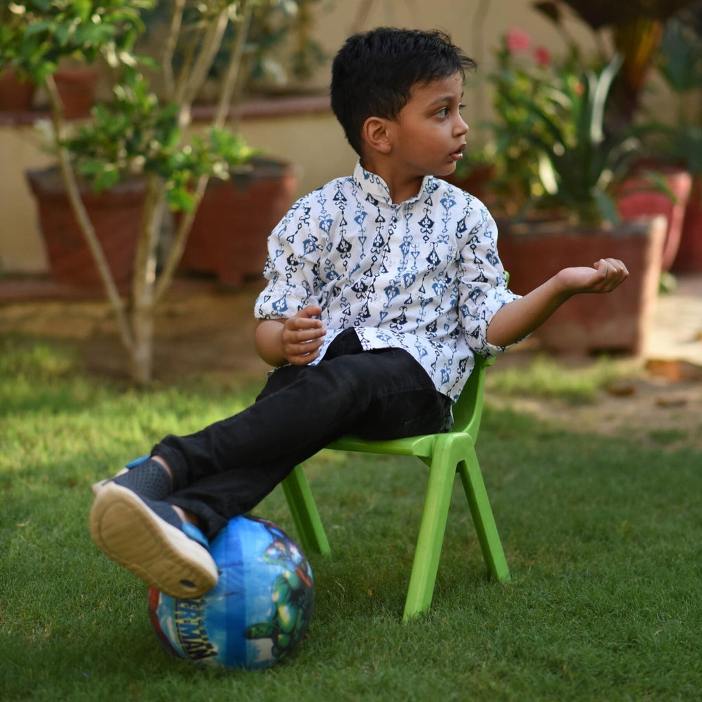 Boys White Tribal Arrow Cuff Full Sleeves Band Collar Shirt