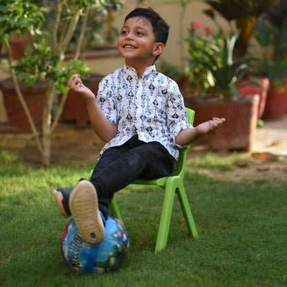 Boys White Tribal Arrow Cuff Full Sleeves Band Collar Shirt